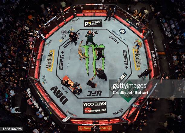 An overhead view of the Octagon as Sean O'Malley is introduced prior to fighting Kris Moutinho during the UFC 264 event at T-Mobile Arena on July 10,...
