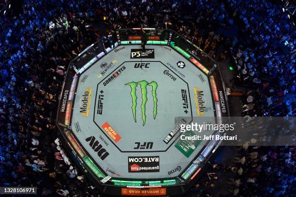 An overhead view of the Octagon as Conor McGregor of Ireland prepares to fight Dustin Poirier during the UFC 264 event at T-Mobile Arena on July 10,...