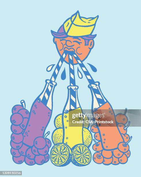 man drinking three sodas - straw hat stock illustrations
