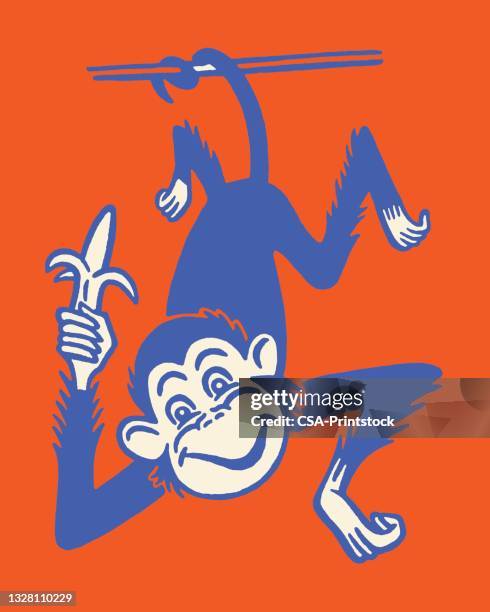monkey with banana hanging from tail - monkey smiling stock illustrations