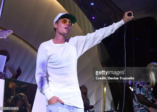Justin Bieber performs onstage during h.wood Group's grand opening of Delilah at Wynn Las Vegas on July 10, 2021 in Las Vegas, Nevada.