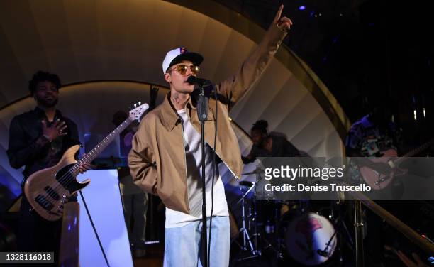 Justin Bieber performs onstage at h.wood Group's grand opening of Delilah at Wynn Las Vegas on July 10, 2021 in Las Vegas, Nevada.