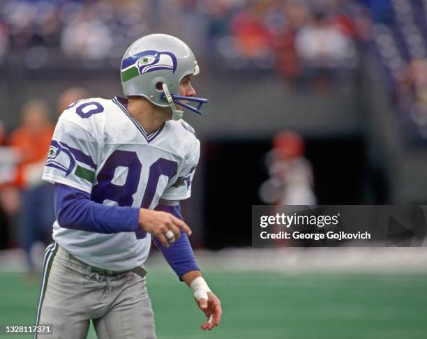 Wide receiver Steve Largent of the Seattle Seahawks participates in pregame warm up before a playoff game against the Cincinnati Bengals at...