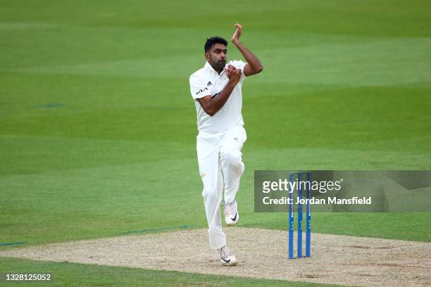 Ravichandran Ashwin of Surrey bowls during day one of the LV= Insurance County Championship match between Surrey and Somerset at The Kia Oval on July...