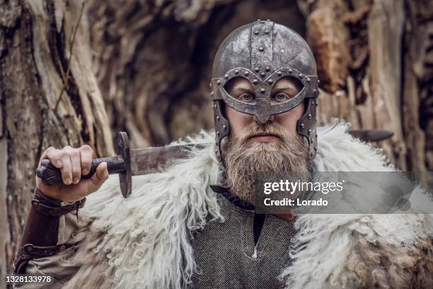 wikingerkriegerkönig im wald - historical reenactment stock-fotos und bilder