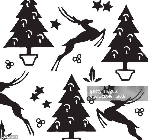deer and christmas tree pattern - kitsch stock illustrations