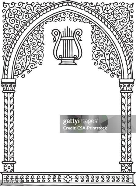 grecian border with lyre - filigree border stock illustrations