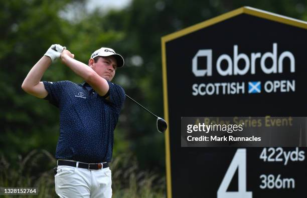 Robert MacIntyre of Scotland tees off on the 4th hole during Day Four of the abrdn Scottish Open at The Renaissance Club on July 11, 2021 in North...
