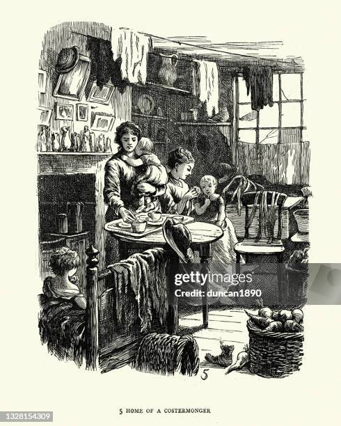 home of a costermonger, london, 1870s, victorian 19th century working class - victorian house stock illustrations