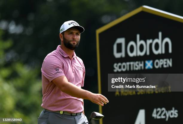 Jon Rahm of Spain tees off on the 4th during Day Four of the abrdn Scottish Open at The Renaissance Club on July 11, 2021 in North Berwick, Scotland.