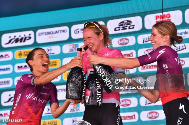 Ashleigh Moolman - Pasio of South Africa and Team SD Worx 2nd place, Anna Van Der Breggen of Netherlands and Team SD Worx Pink Leader Jersey & Demi...