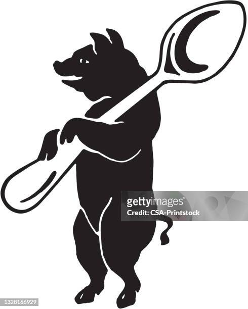 pig with spoon - spoon stock illustrations