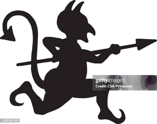 ilustrações de stock, clip art, desenhos animados e ícones de devil silhouette with spear - tail