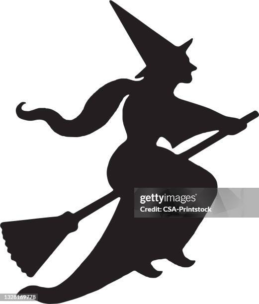 hexe auf besen fliegen - witch flying on broom stock-grafiken, -clipart, -cartoons und -symbole
