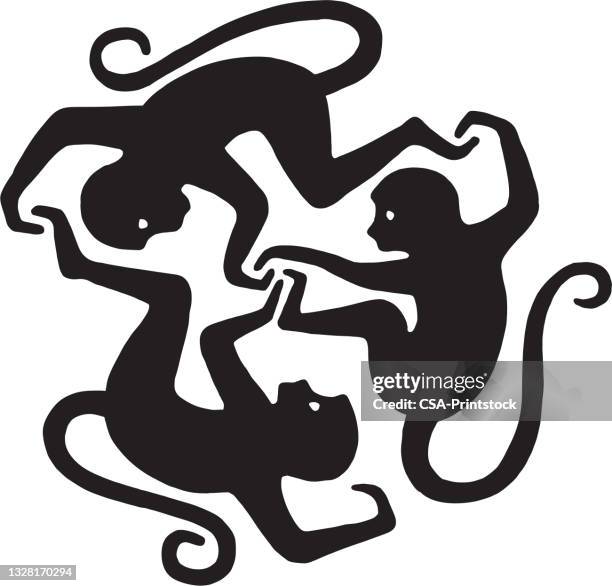 ilustraciones, imágenes clip art, dibujos animados e iconos de stock de diseño de tres monos - simio