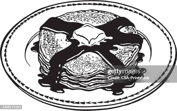 plate of pancakes and syrup - maple syrup pancakes stock illustrations