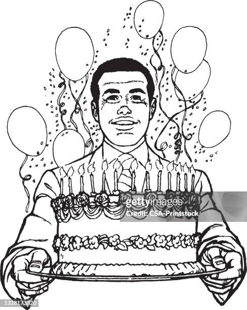 man holding birthday cake - layer cake stock illustrations