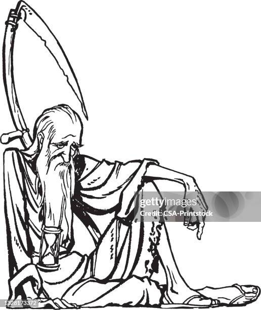 old man with hourglass and scythe - passing time symbol - grim reaper stock illustrations