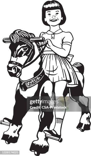 Little Girl Riding Toy Pony On Wheels High-Res Vector Graphic