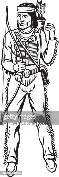 portrait of native american standing with bow in hand - aboriginal man stock illustrations