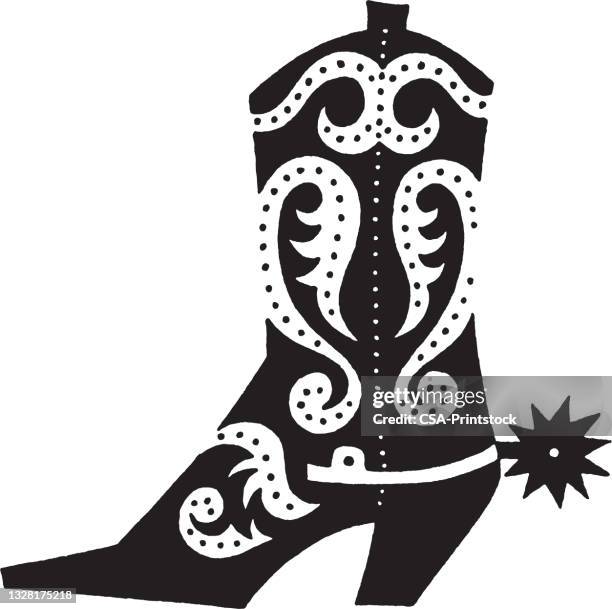 ansicht des stiefels mit ornamenten und sporn - cowboy boot stock-grafiken, -clipart, -cartoons und -symbole