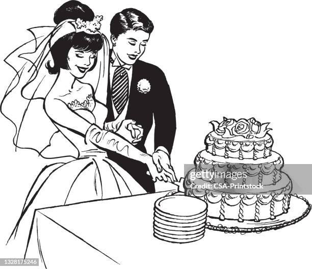 braut und bräutigam schneiden hochzeitstorte - üppige torte stock-grafiken, -clipart, -cartoons und -symbole