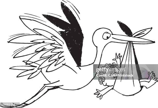 illustration des storchens, der das baby zur welt bringt - stork stock-grafiken, -clipart, -cartoons und -symbole