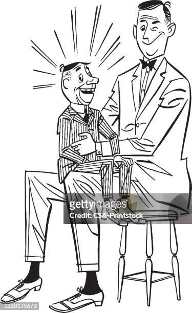 illustrazioni stock, clip art, cartoni animati e icone di tendenza di illustrazione del ventriloquo seduto in sedia con il manichino - ventriloquo