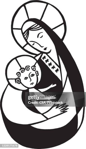 ilustraciones, imágenes clip art, dibujos animados e iconos de stock de virgen maría abrazando al niño jesús - virgin mary