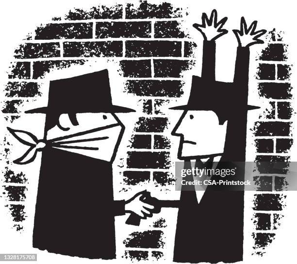 mugger holding victim at gunpoint - stealing stock illustrations