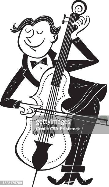 man smiling while playing cello with closed eyes - cellist stock illustrations