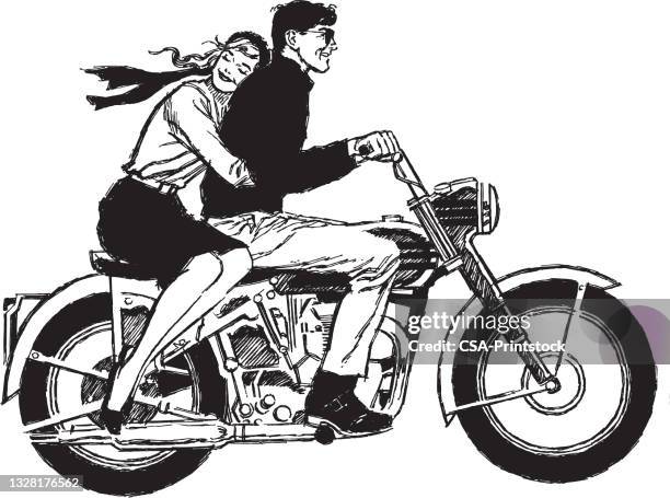 stockillustraties, clipart, cartoons en iconen met illustration of couple riding motorcycle - motorfietser