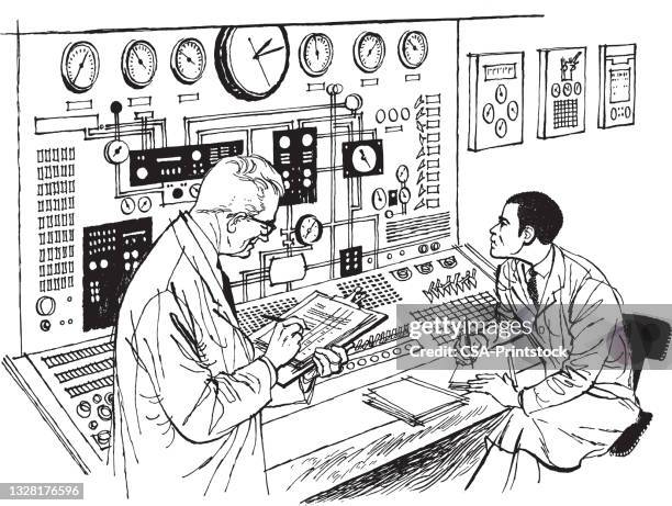 two working scientist with complicated computer - scientist computer stock illustrations
