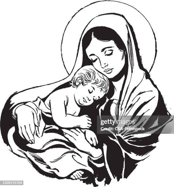 ilustrações, clipart, desenhos animados e ícones de ilustração de virgem maria segurando o bebê jesus - nativity scene