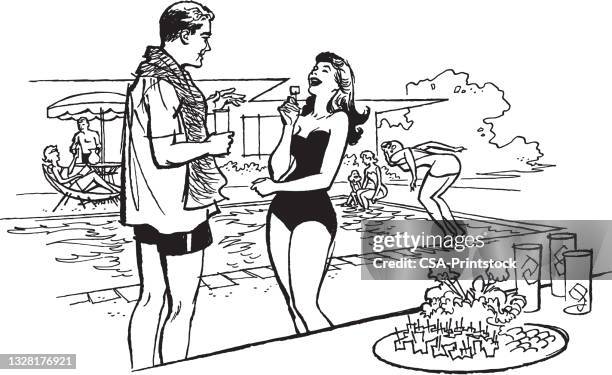 bildbanksillustrationer, clip art samt tecknat material och ikoner med illustration of couple at swimming pool - bassängkant