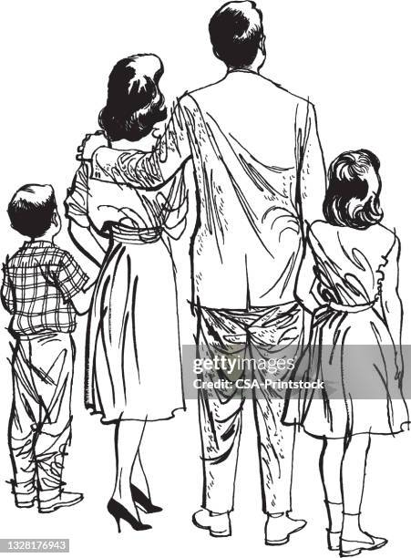 abbildung mit rückansicht der familie im stehen - mutter-tochter-sohn stock-grafiken, -clipart, -cartoons und -symbole