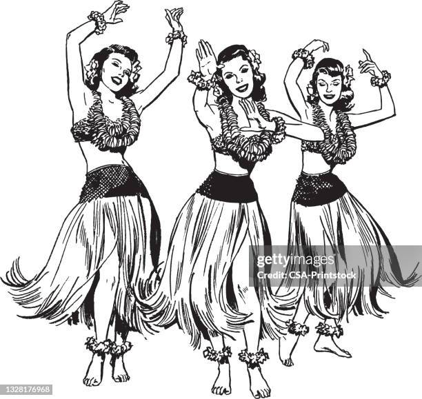 ilustrações, clipart, desenhos animados e ícones de ilustração de três mulheres hula dançando - polynesian dance