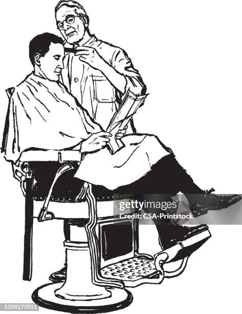 stockillustraties, clipart, cartoons en iconen met illustration of customer receiving haircut at barber shop - barbershop