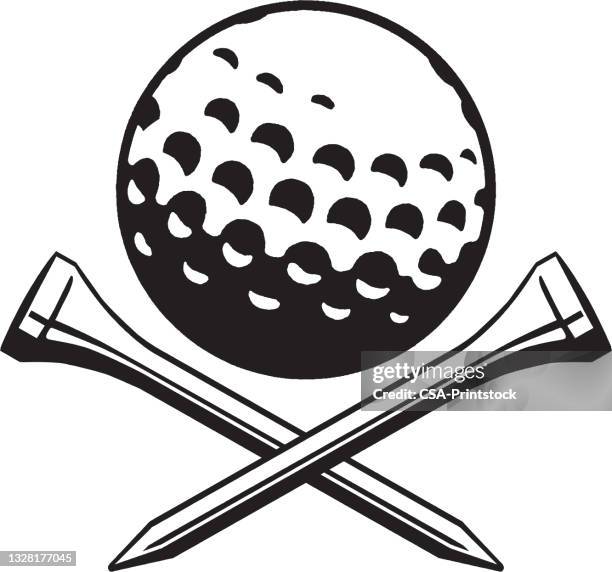 ilustraciones, imágenes clip art, dibujos animados e iconos de stock de vista de la pelota de golf con el soporte de la bola de golf cruzado debajo - tee sports equipment