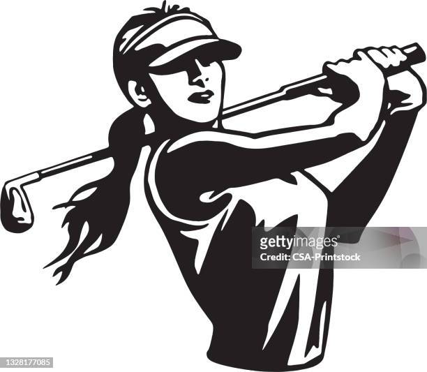 young woman playing golf - golf swing 幅插畫檔、美工圖案、卡通及圖標
