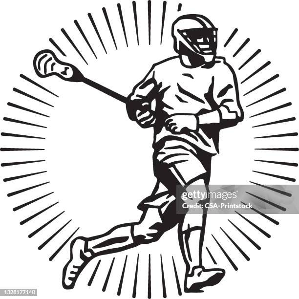 ilustraciones, imágenes clip art, dibujos animados e iconos de stock de vista del hombre jugando lacrosse - lacrosse