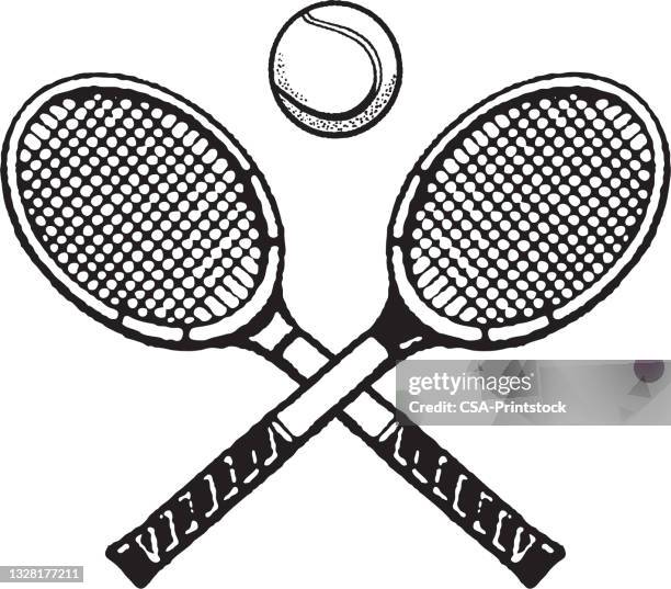 tennisball und zwei tennisschläger - tennis racket stock-grafiken, -clipart, -cartoons und -symbole