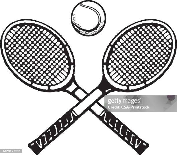 tennis ball and two tennis rackets - tennis racquet 幅插畫檔、美工圖案、卡通及圖標