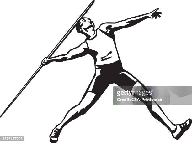 ilustraciones, imágenes clip art, dibujos animados e iconos de stock de atleta masculino lanzando jabalina - jabalina