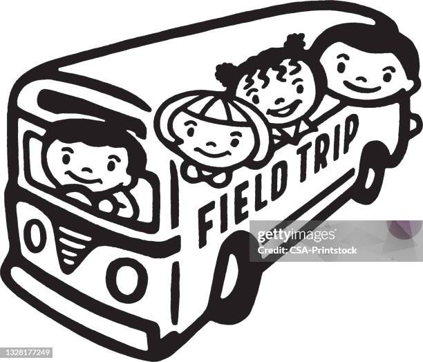 smiling children in bus - field trip stock illustrations