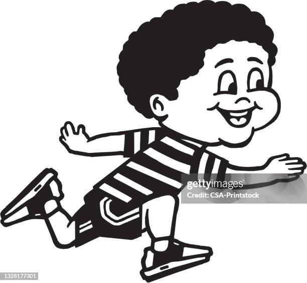 illustrazioni stock, clip art, cartoni animati e icone di tendenza di ragazzo che indossa pantaloncini e t-shirt a righe sorridente durante la corsa - running shorts