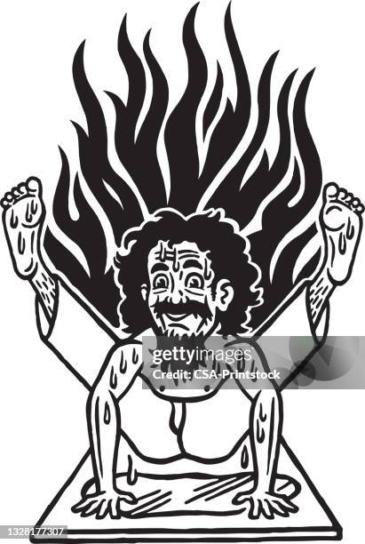 man practicing yoga - sweating workout stock illustrations