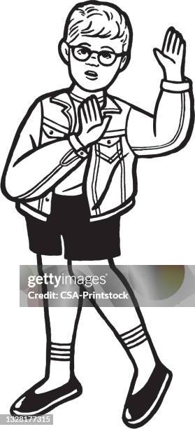 boy performing mime trapped in box routine - charades stock illustrations