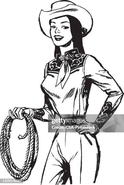 ilustrações de stock, clip art, desenhos animados e ícones de portrait of young cowgirl posing with lasso in hand - vaqueira