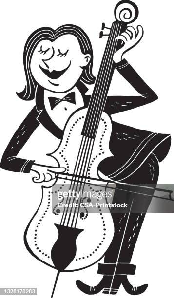 woman smiling while playing cello with closed eyes - violin family stock illustrations